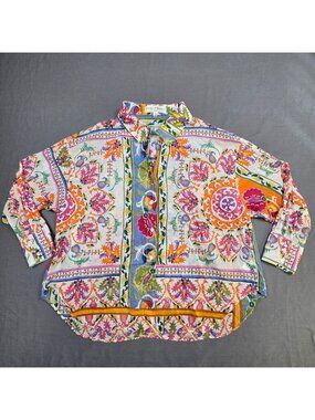 Chelsea & Theodore 1X Boho Button-Up Shirt Multicolor Cotton Floral Long Sleeve